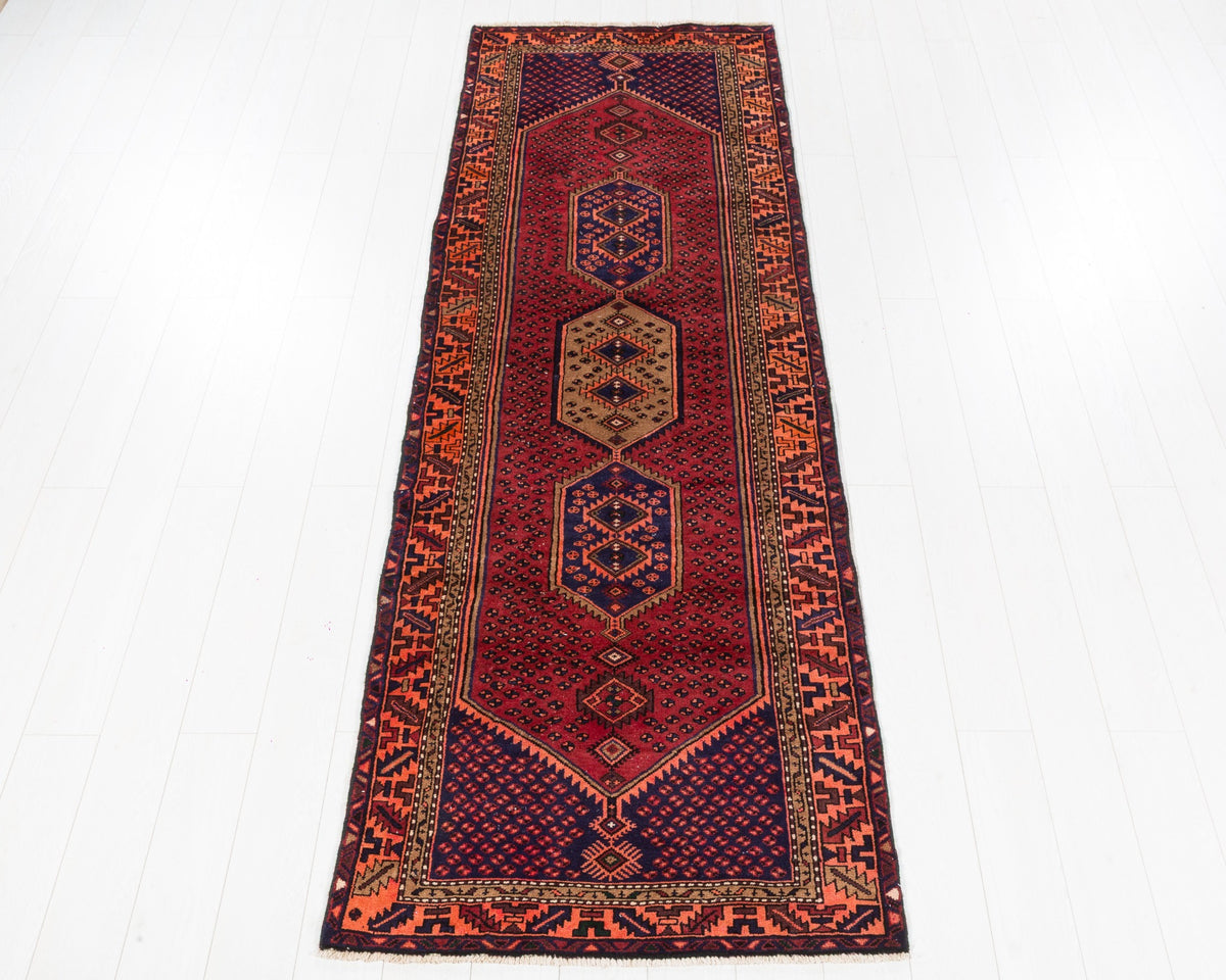 Vintage Zanjan runner with red field, navy and camel geometric medallions, SKU 5154