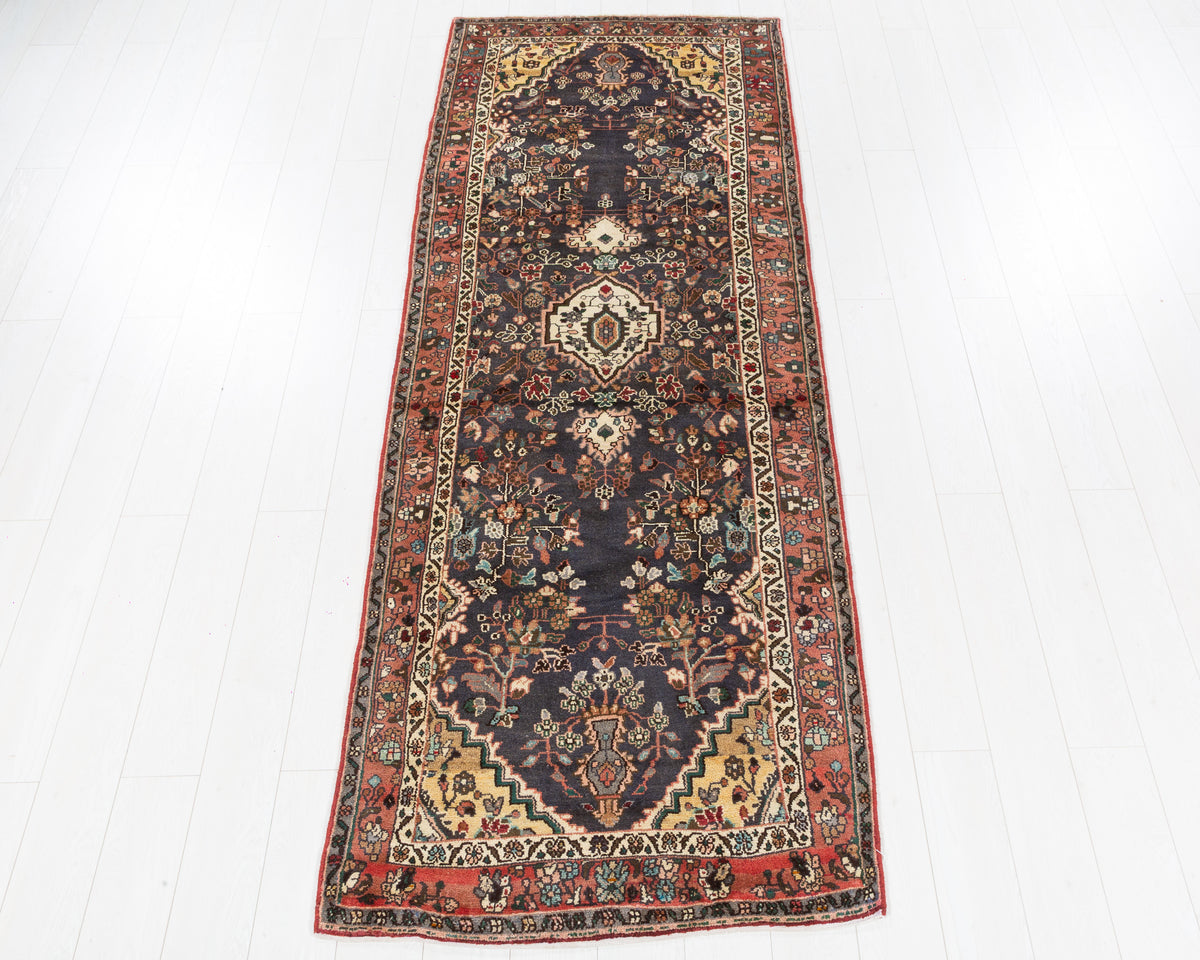 Vintage Hamadan Malayer runner with faded navy field and ornate medallions, SKU 5170