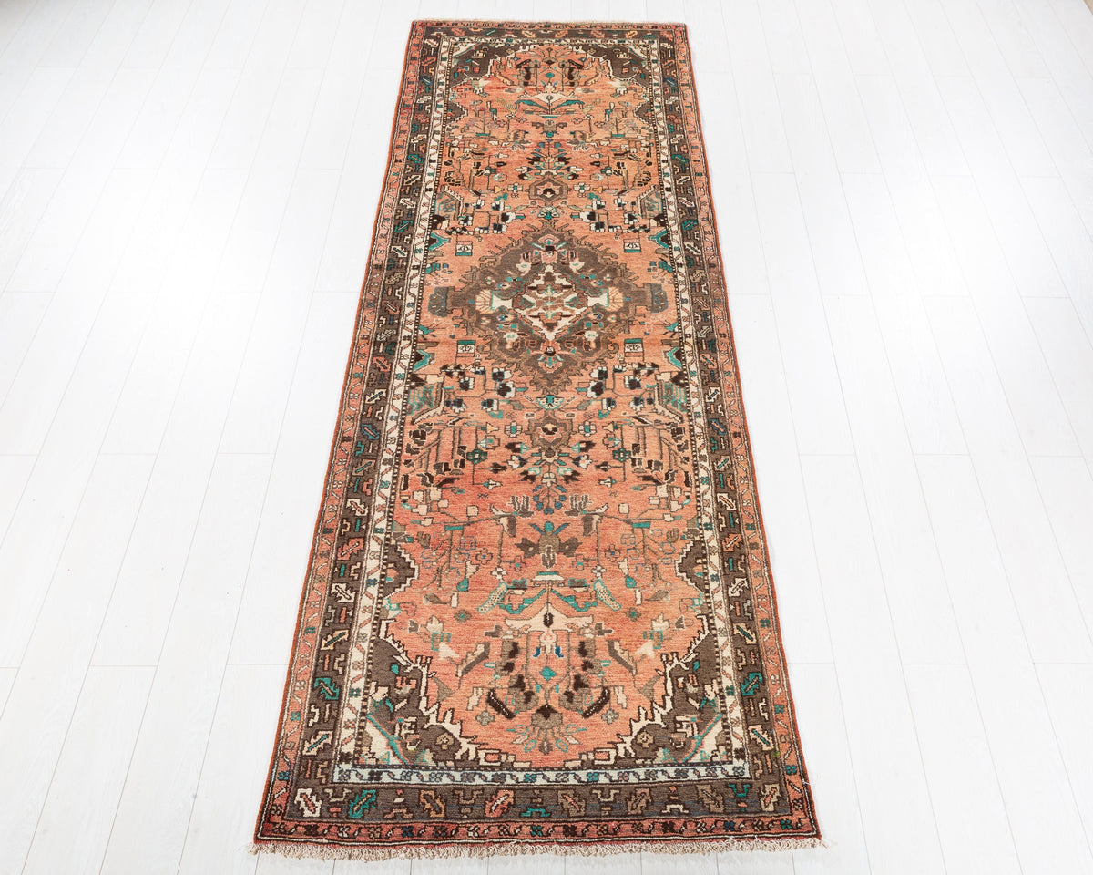 Vintage Hamadan floral medallion wool runner rug, faded peach, 10' 4" x 3' 5", SKU 5252
