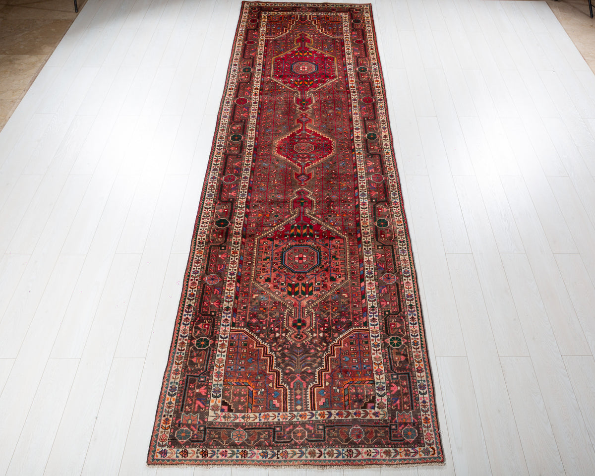 Vintage Toiserkan floral medallion wool runner rug, red and faded charcoal, SKU 5262
