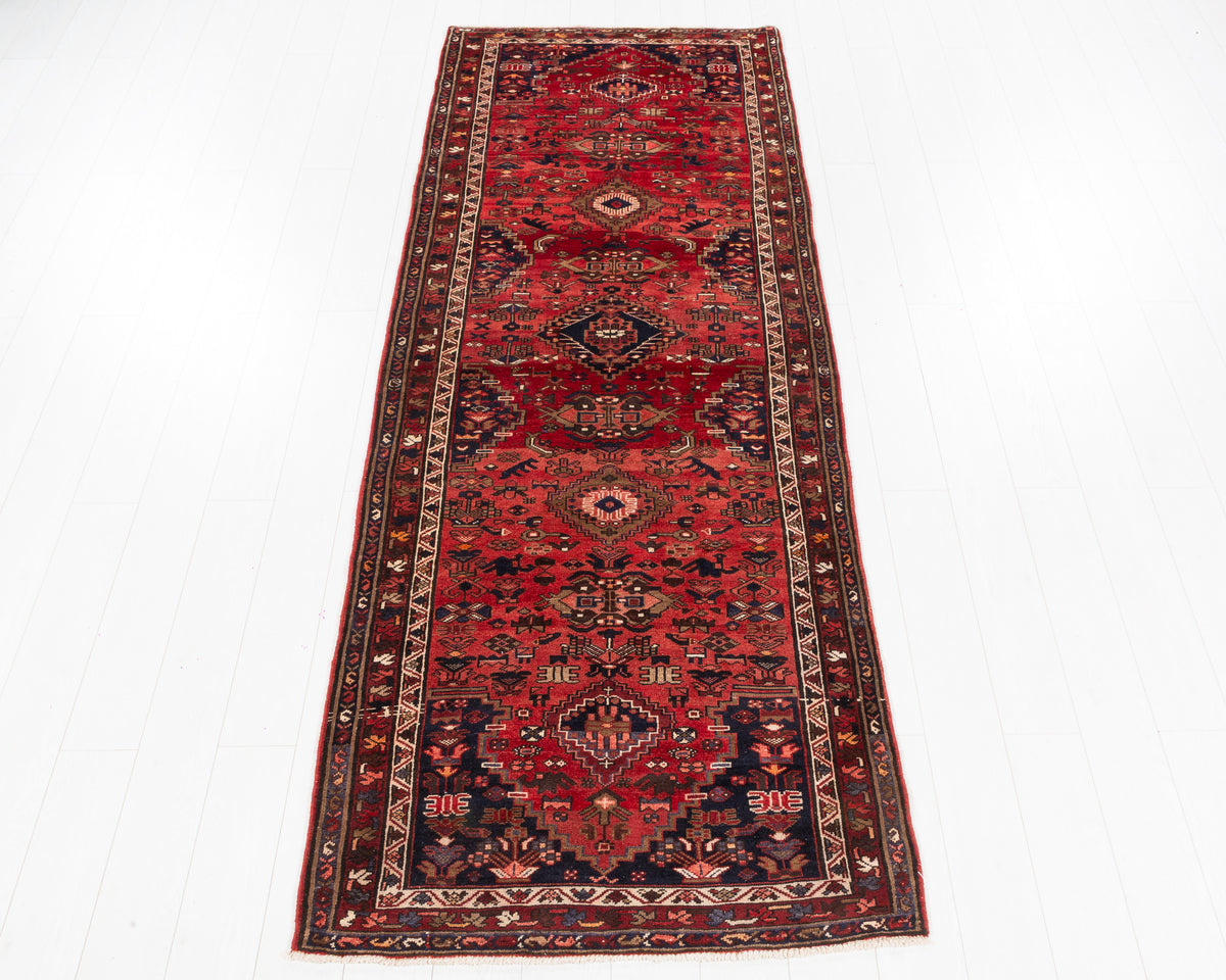Vintage Hamadan floral medallion wool runner rug, red, SKU 5263