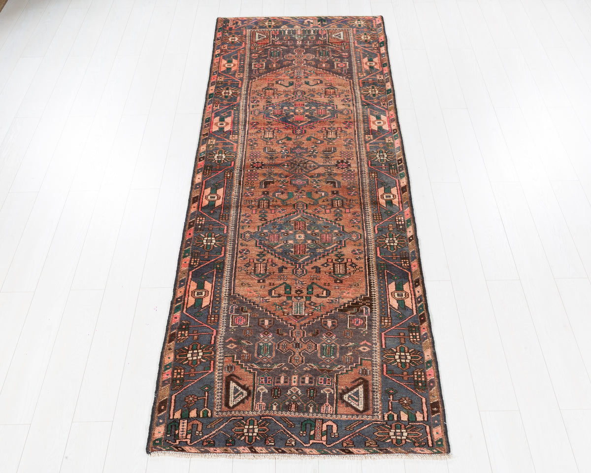 Vintage Zanjan floral medallion wool runner rug, faded rust red, SKU 5266