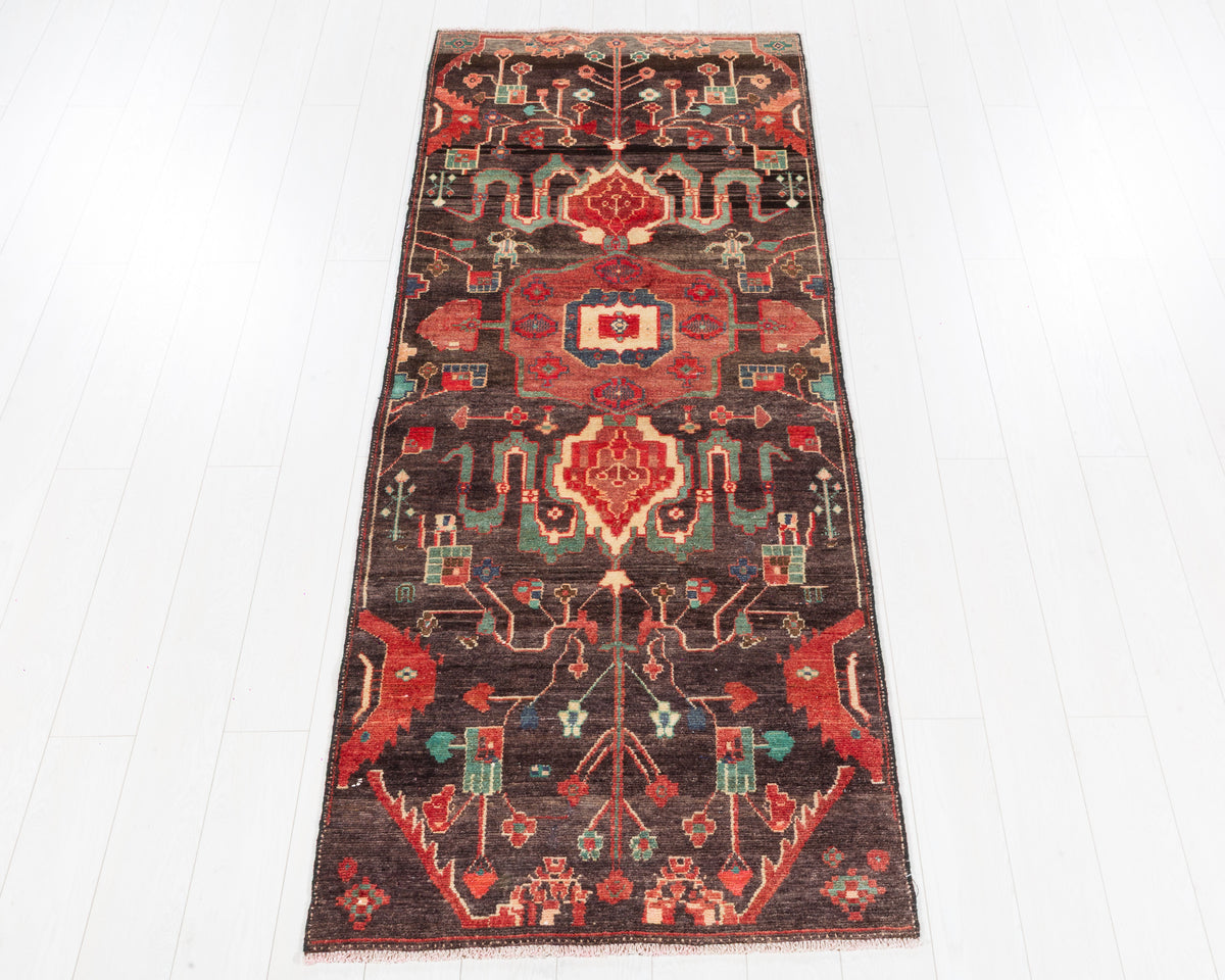 Vintage Lori tribal geometric medallion wool runner rug, faded navy blue and red, SKU 5267