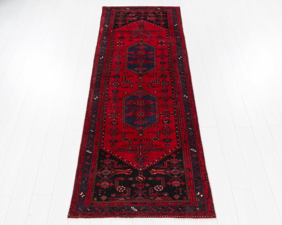Vintage Zanjan geometric medallion wool runner rug, red and navy blue, SKU 5269