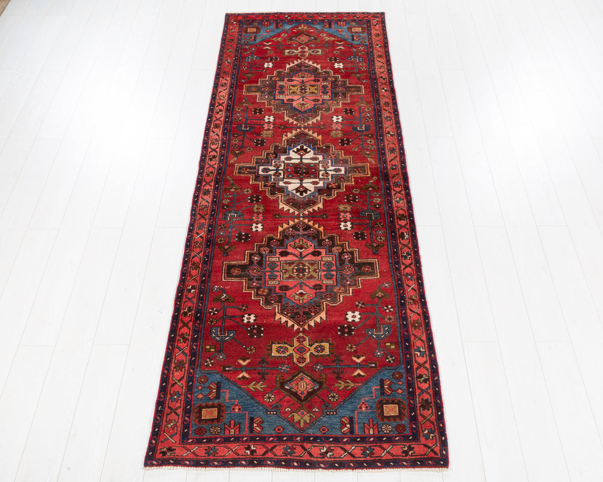 Vintage Hamadan repeating medallion wool runner rug, red and blue, SKU 5272