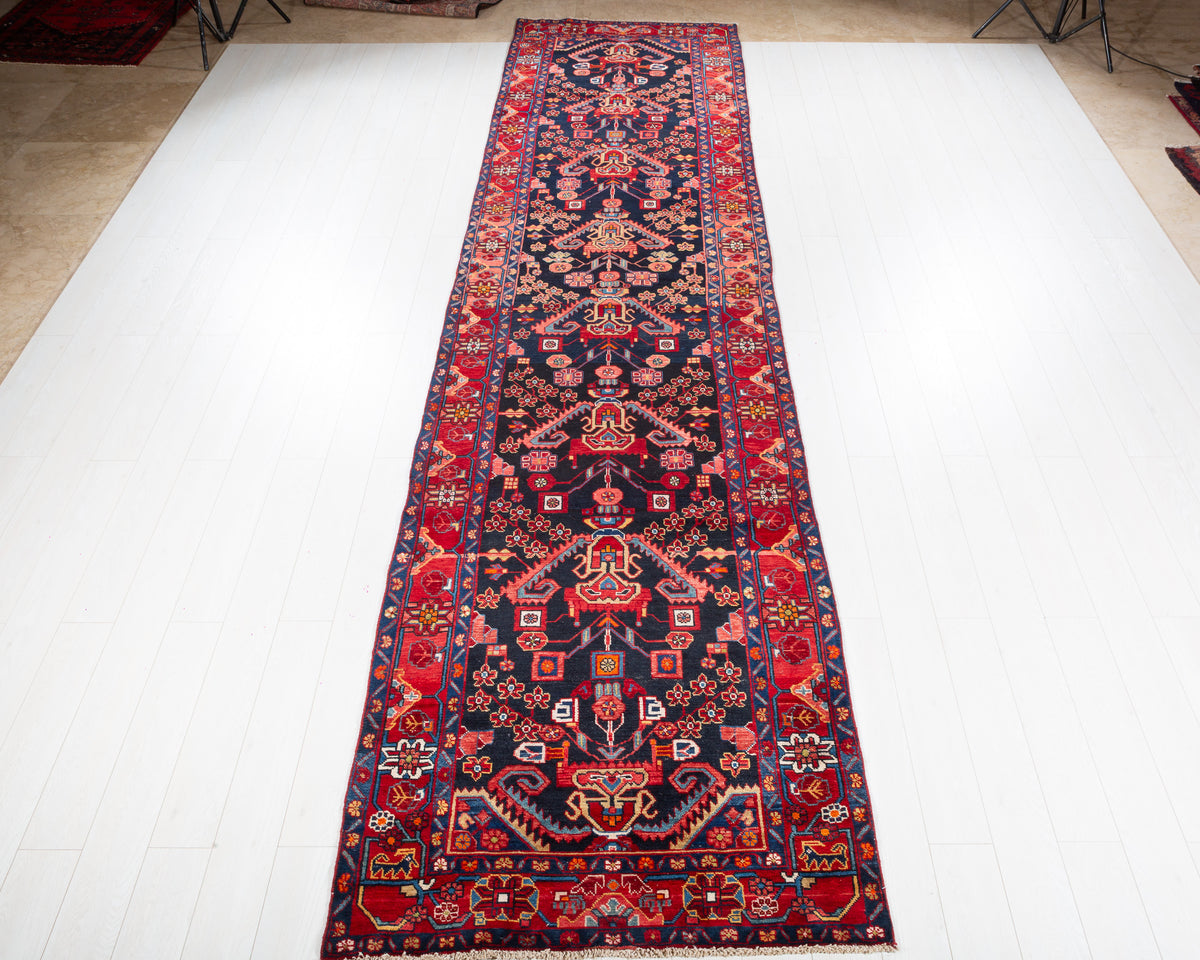 Vintage Heriz Gharajeh floral medallion wool runner rug, navy blue and red, SKU 5273