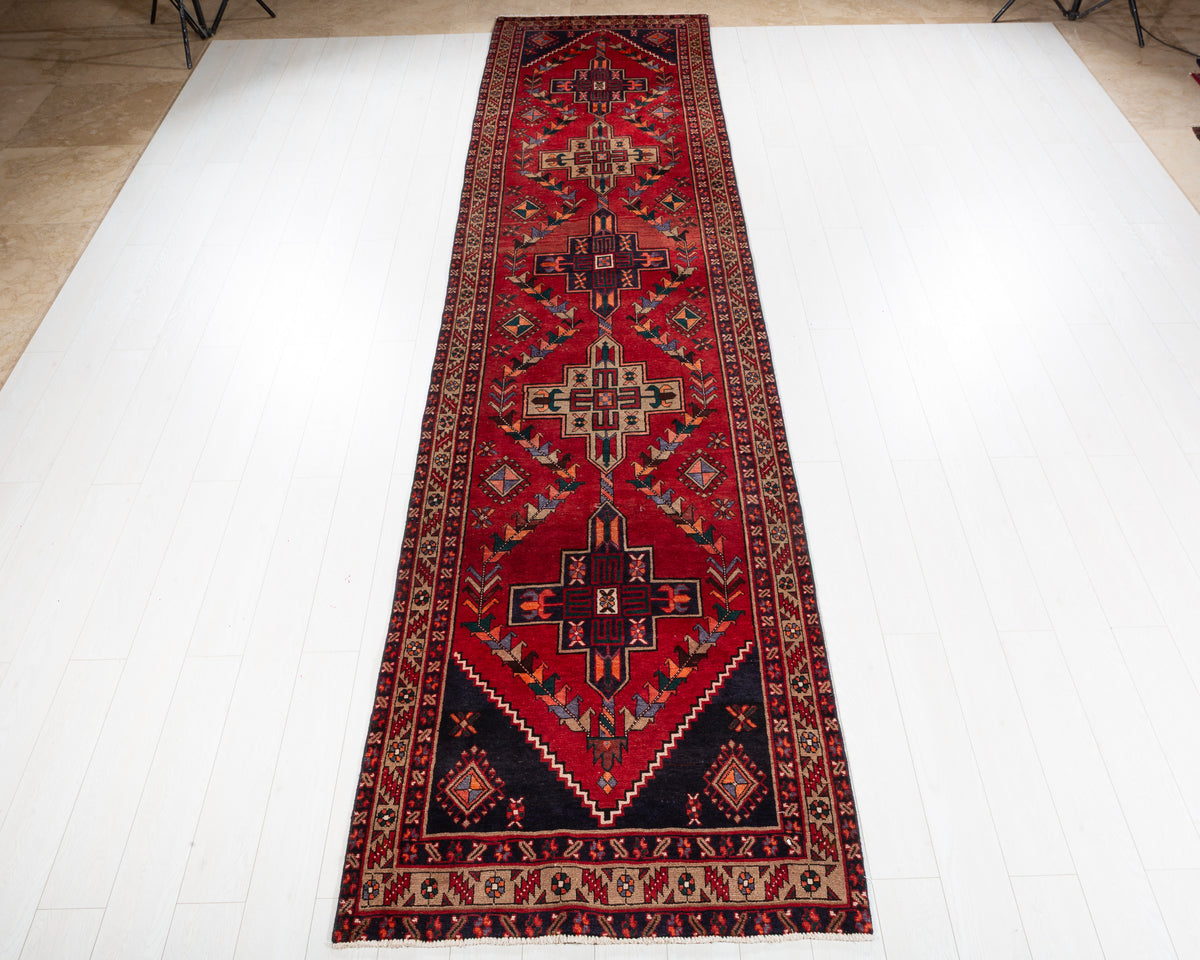 Vintage Azerbaijan geometric medallion wool runner rug, red and camel brown, SKU 5277