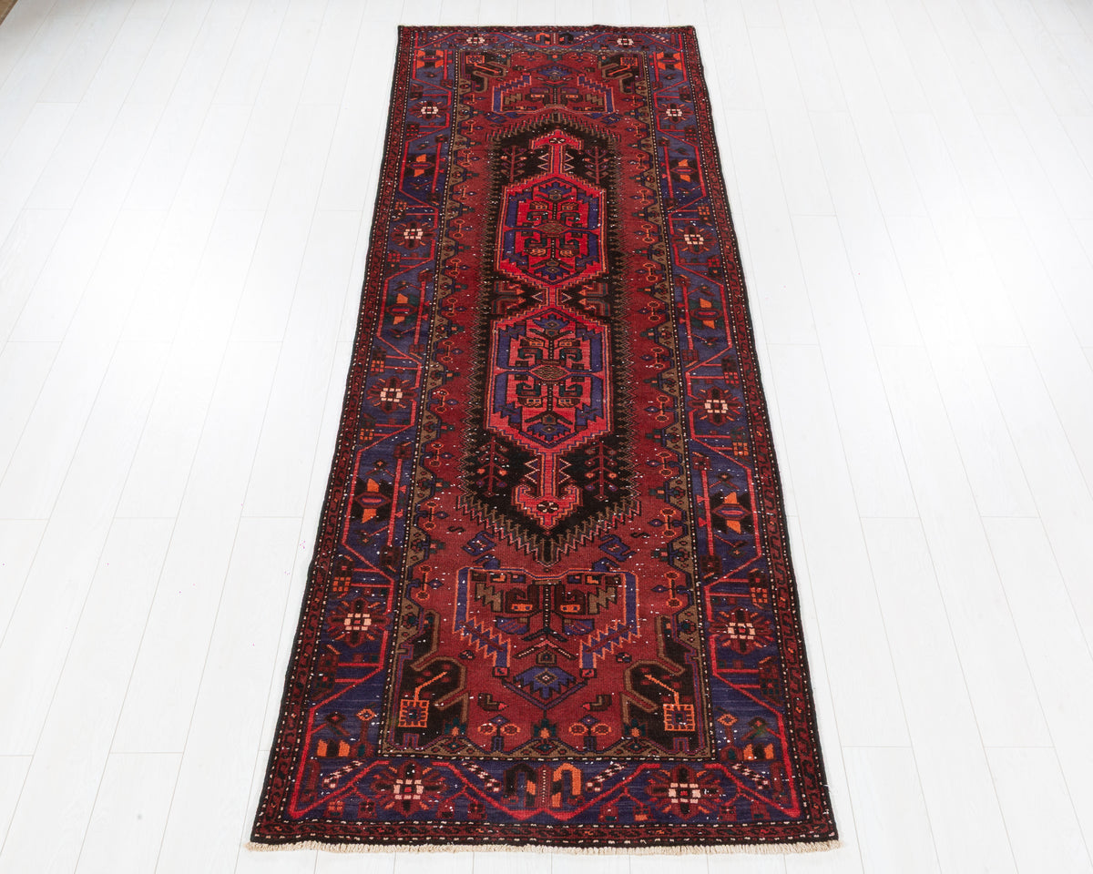 Vintage Zanjan triple geometric medallion wool runner rug, rust red and navy blue, SKU 5281