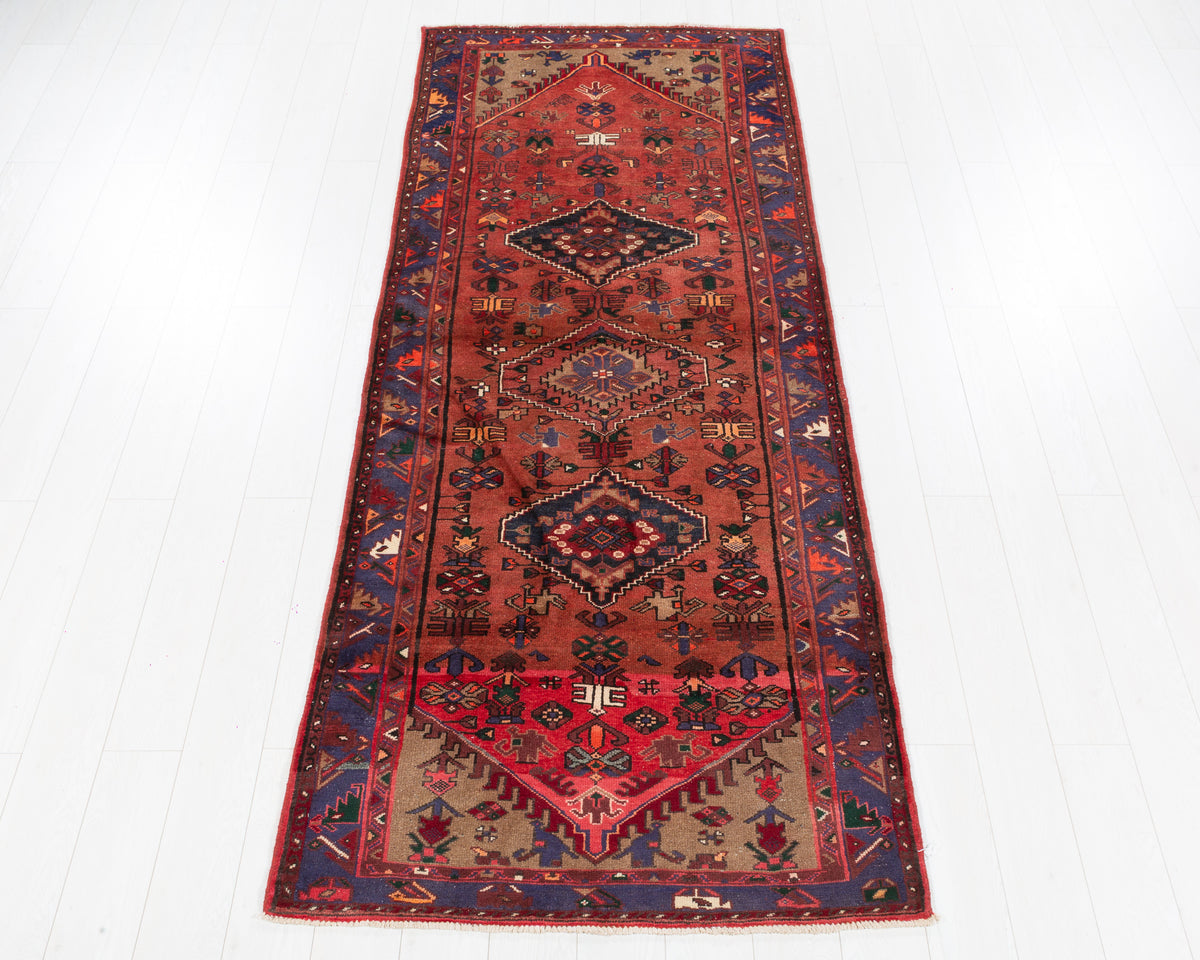 Vintage Zanjan geometric medallion wool runner rug, rust red, SKU 5283