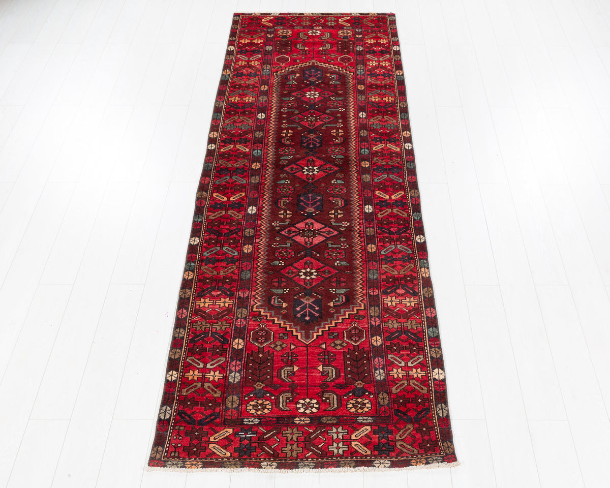 Vintage Zanjan geometric medallion wool runner rug, rust red, SKU 5284