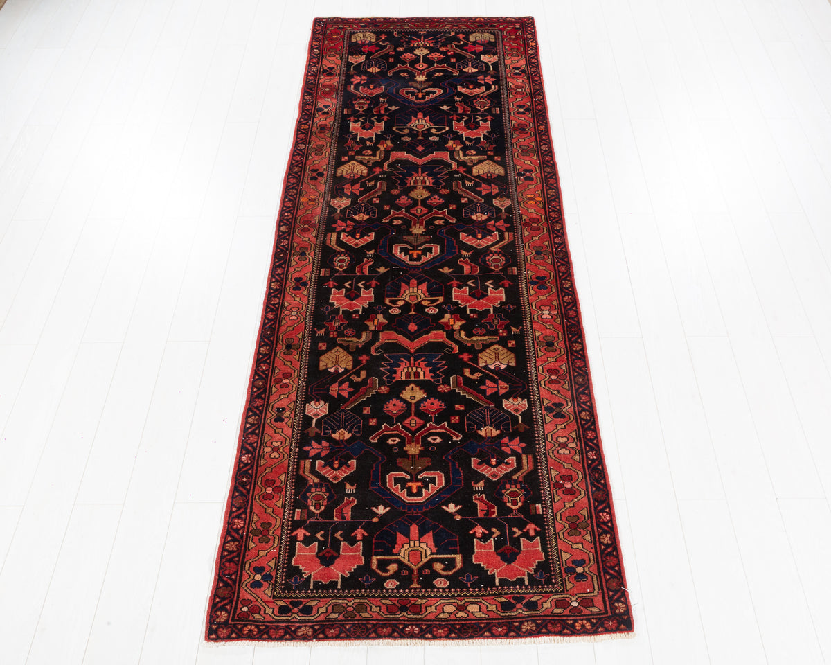 Vintage Malayer allover floral wool runner rug, navy blue and coral red, SKU 5288