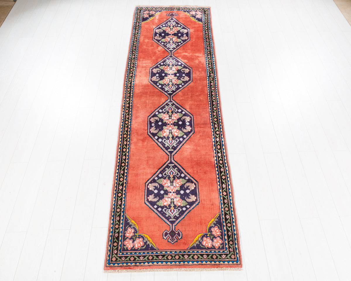 Vintage Kurdish Senneh diamond medallion wool runner rug, coral, SKU 5289