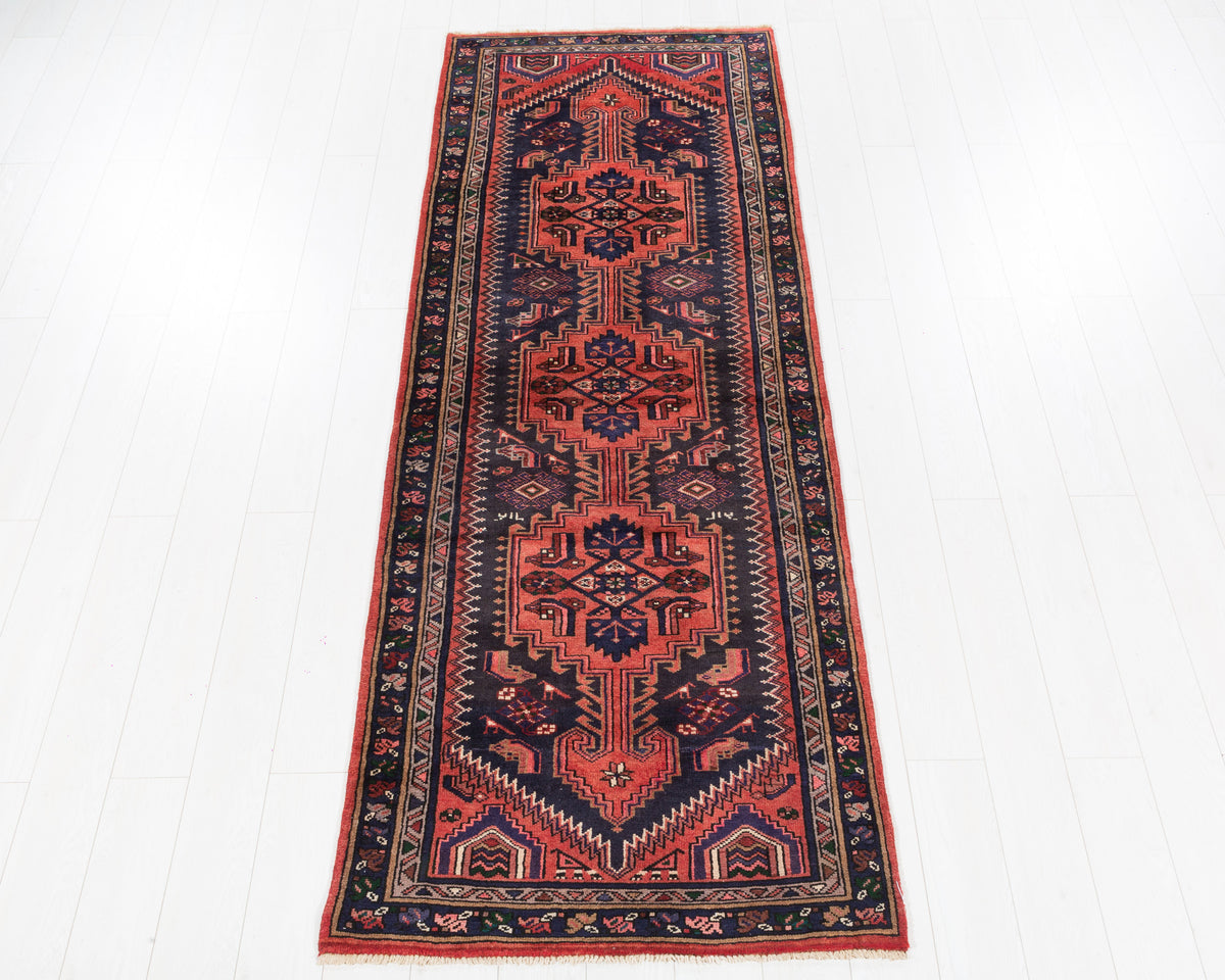 Vintage Zanjan geometric medallion wool runner rug, red and navy blue, SKU 5290