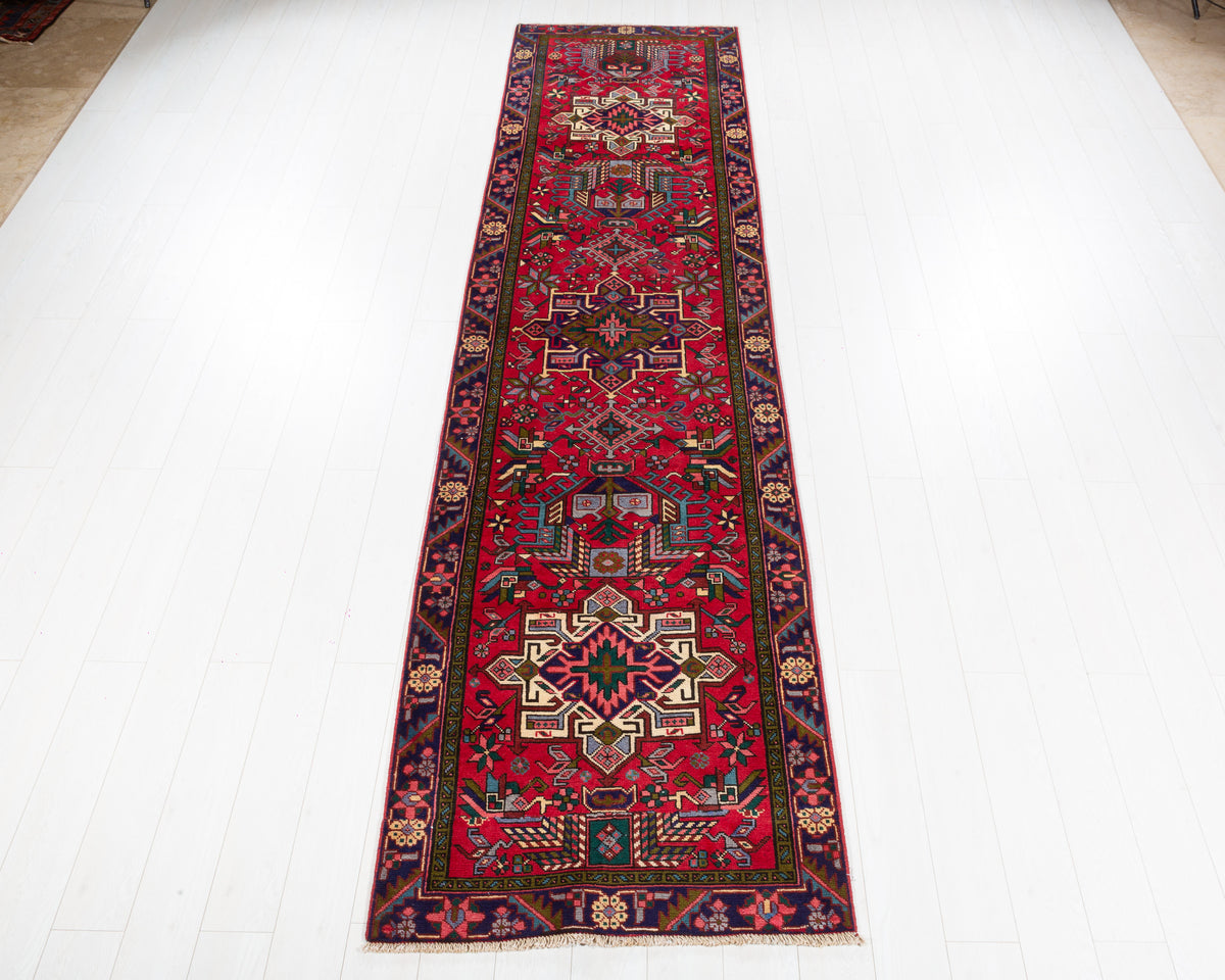 Vintage Heriz Gharajeh floral medallion wool runner rug, red, SKU 5294