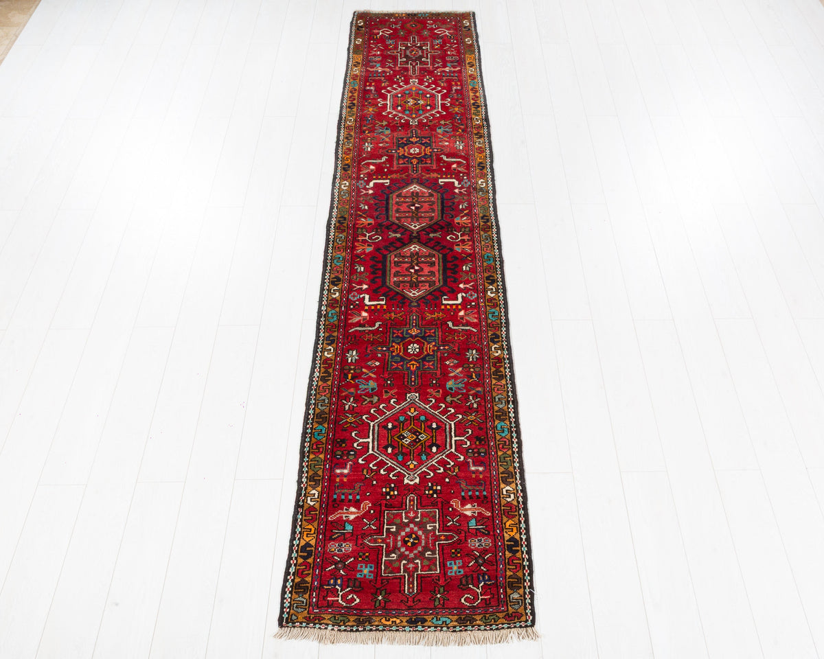 Vintage Heriz Gharajeh repeating geometric narrow runner rug, red, SKU 5307