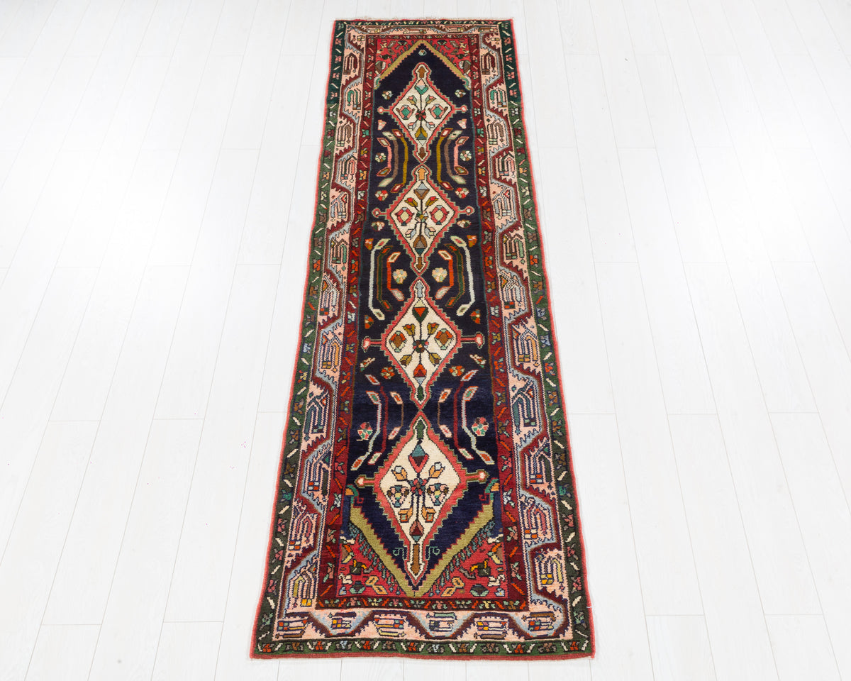 Vintage Hamadan narrow navy geometric runner rug SKU 5313