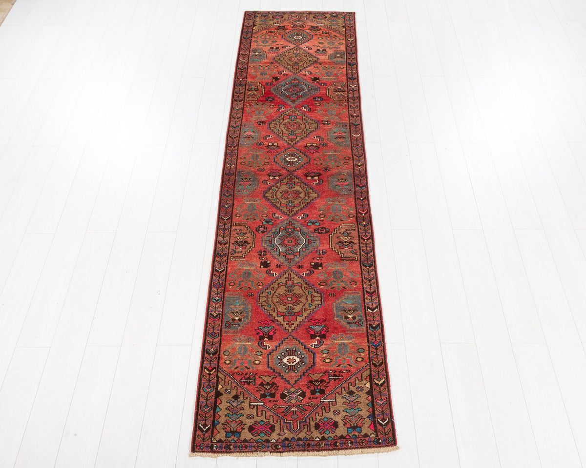 Vintage Hamadan coral red geometric runner rug SKU 5346