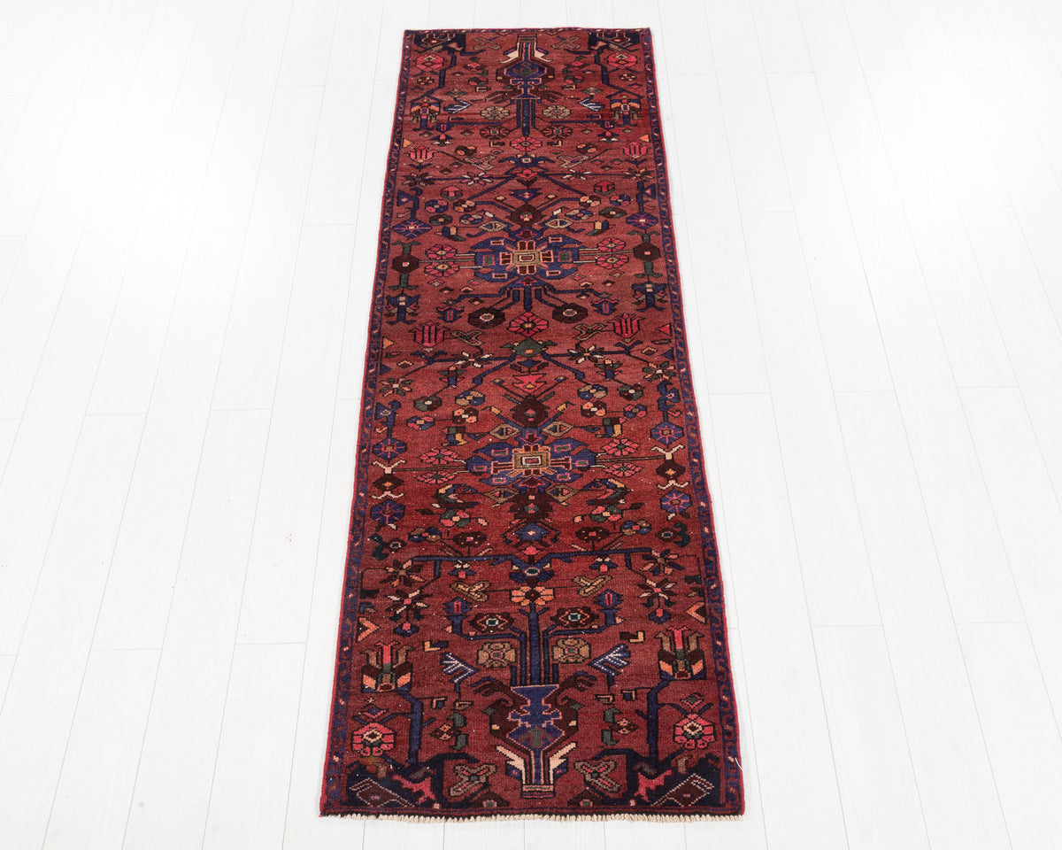 Vintage Hamadan narrow rust red geometric runner rug SKU 5348