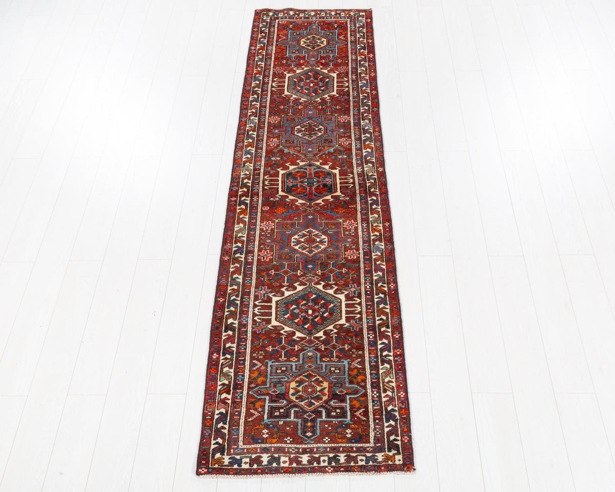 Vintage Heriz Gharajeh narrow red geometric runner rug SKU 5355