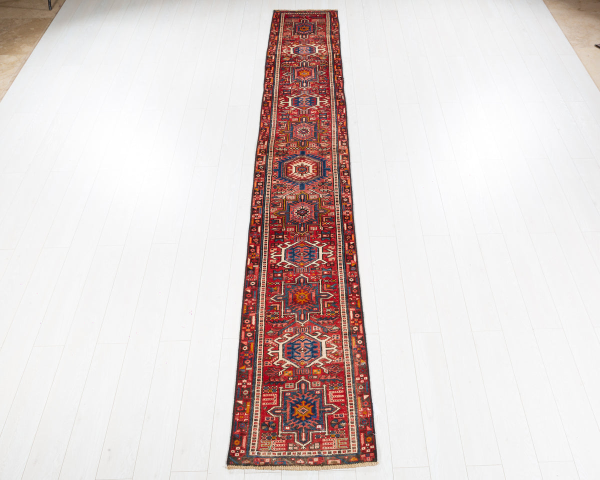 Vintage Heriz Gharajeh long extra narrow worn red runner rug SKU 5357