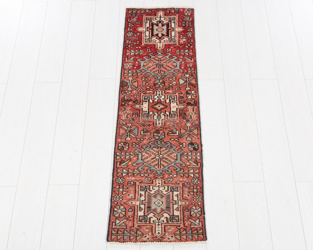 Vintage Heriz Gharajeh extra narrow worn red small runner rug SKU 5358