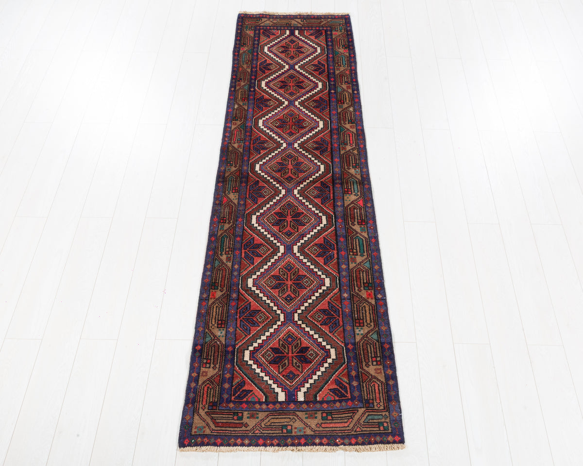 Vintage Hamadan runner rug in Red, deep navy blue, beige SKU 5363