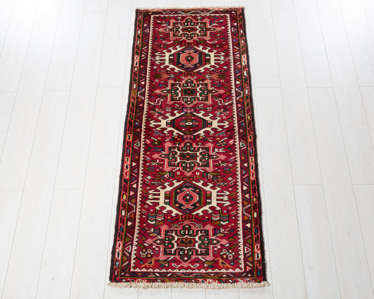 Vintage Heriz Gharajeh runner rug in Red, ivory, deep navy blue SKU 5373