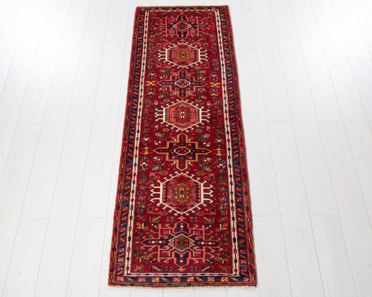 Vintage Heriz Gharajeh runner rug in Red, ivory, deep navy blue SKU 5376
