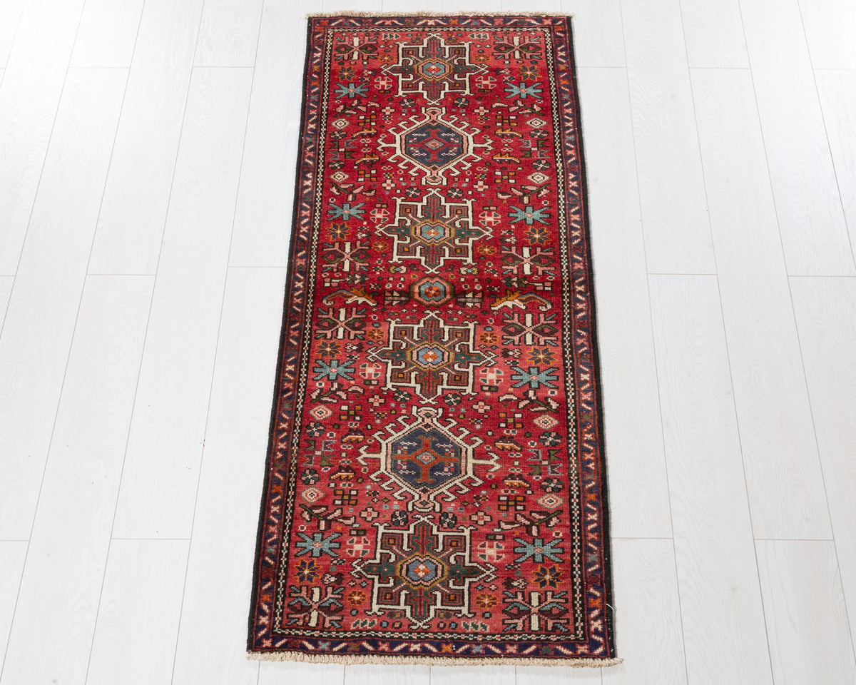 Vintage Heriz Gharajeh runner rug in Red, soft blue, ivory SKU 5377