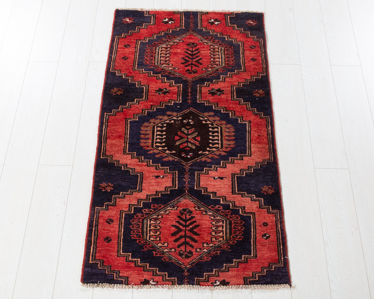 Vintage Hamadan small area rug in Red, deep navy blue, brown SKU 5379
