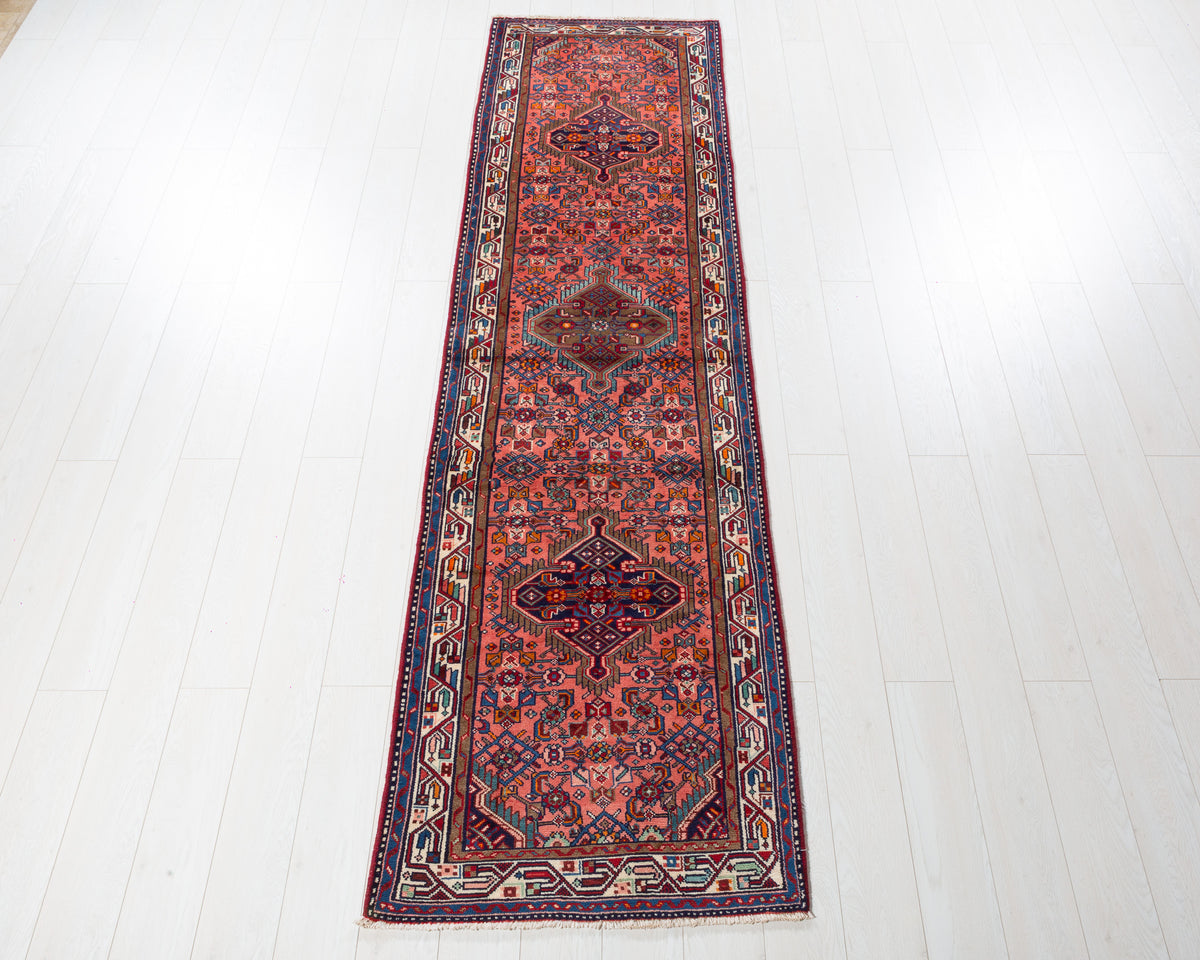 Vintage Hamadan runner rug in Dusty pink, deep navy blue, brown SKU 5382