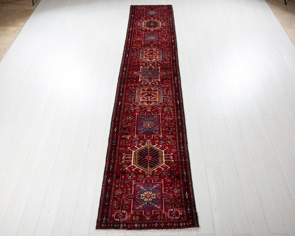 Vintage Heriz Gharajeh runner rug in Red, deep navy blue, soft blue SKU 5384