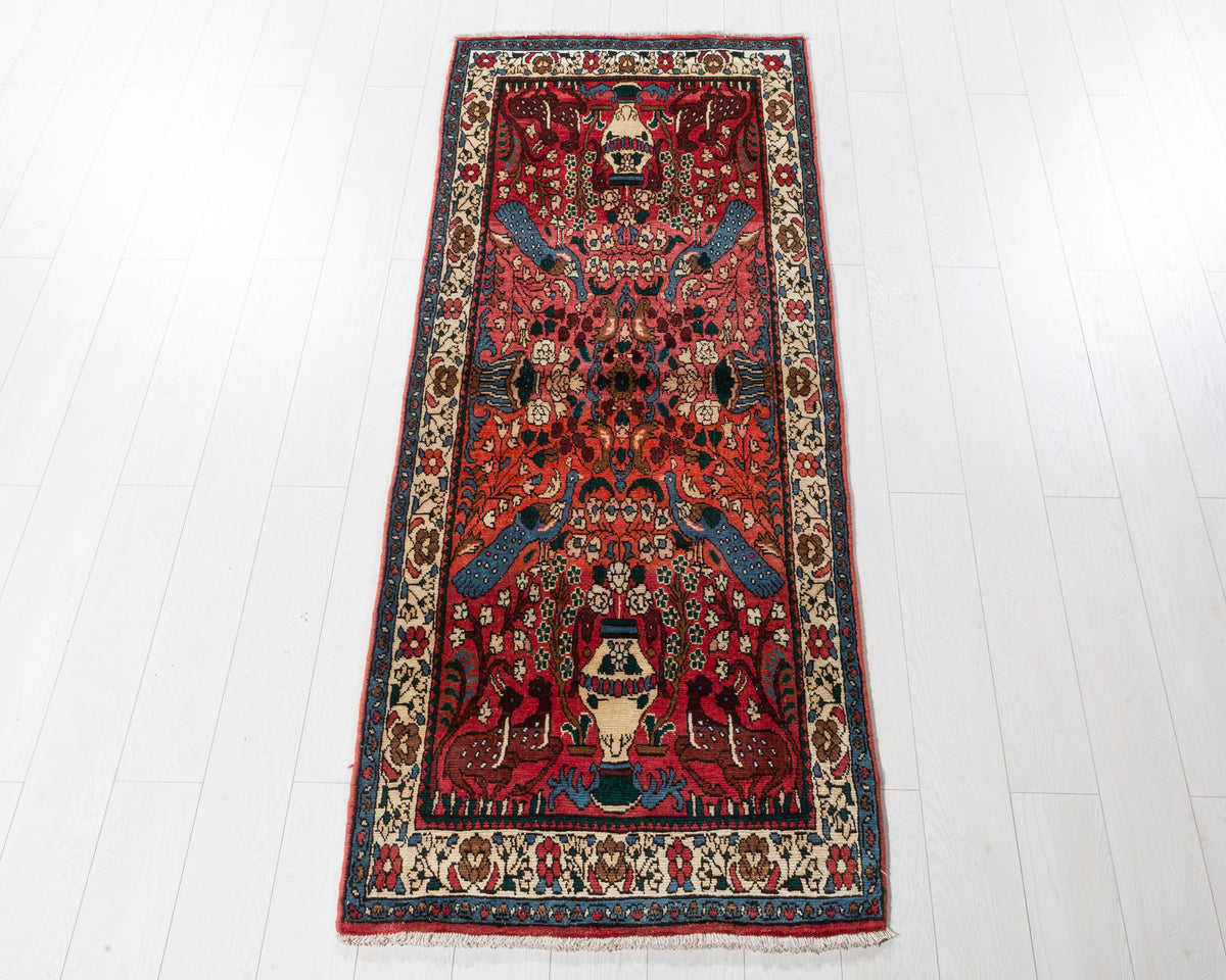 Vintage Hamadan Lilian peacock and floral runner rug in red, deep navy blue and ivory, SKU 5385
