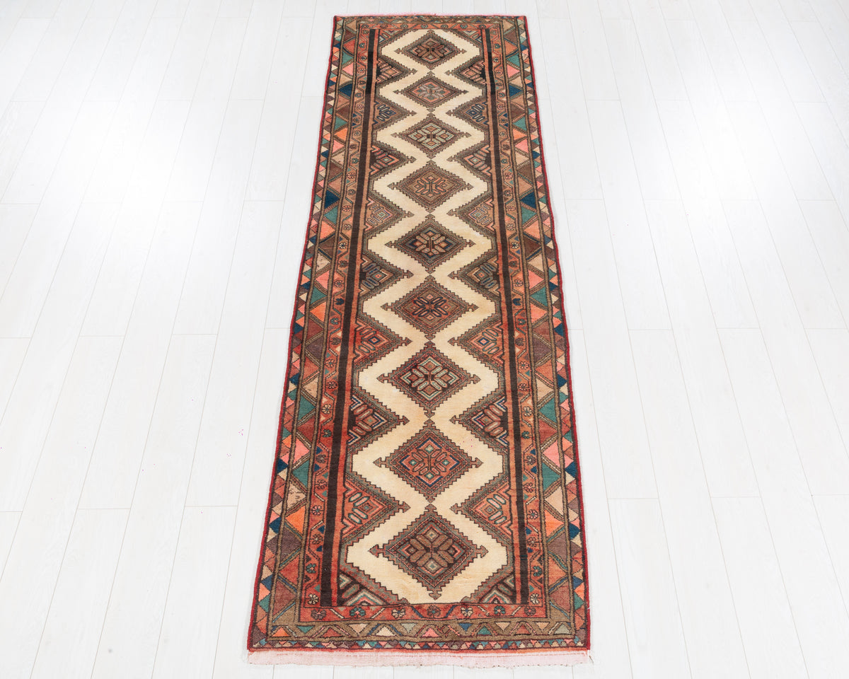 Vintage Hamadan narrow geometric lattice wool runner rug in beige and coral red, SKU 5210