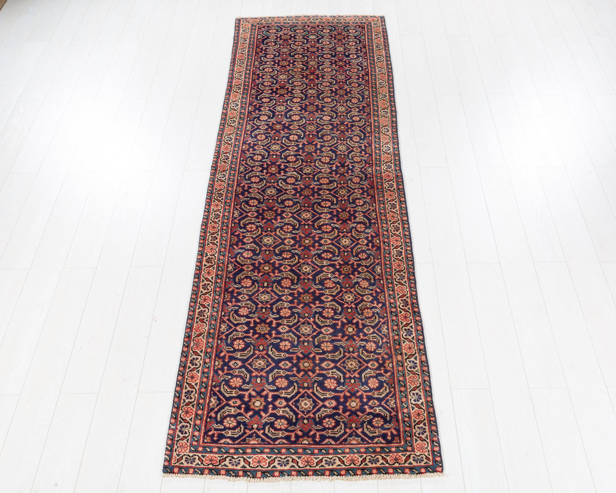 Vintage Mahal Herati fish design wool runner rug in navy blue, SKU 5225