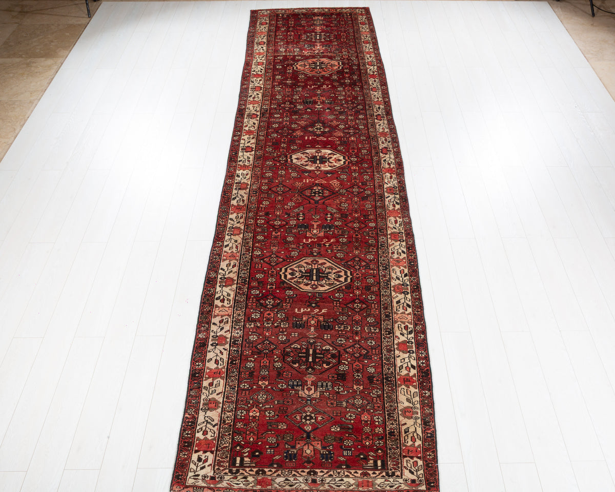 Vintage Hamadan collectible long allover wool runner rug in red, SKU 5227