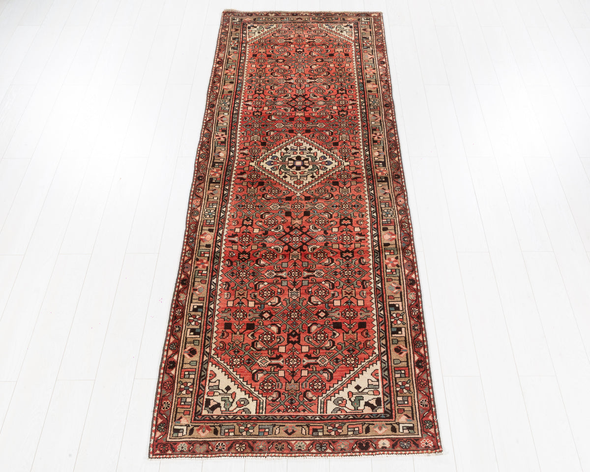 Vintage Hamadan Malayer allover floral wool runner rug in bright red and camel brown, SKU 5231