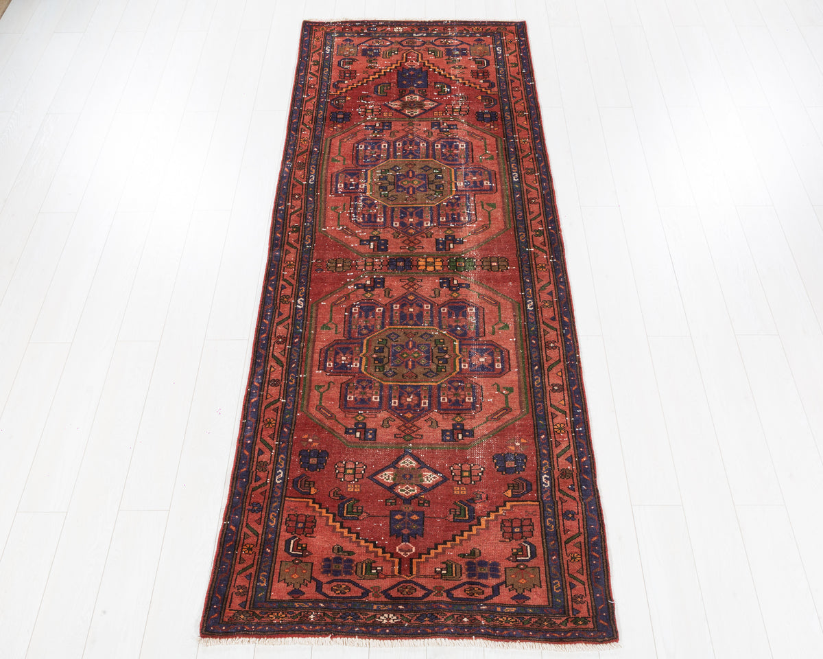 Vintage Zanjan geometric medallion wool runner rug in rust red, SKU 5242