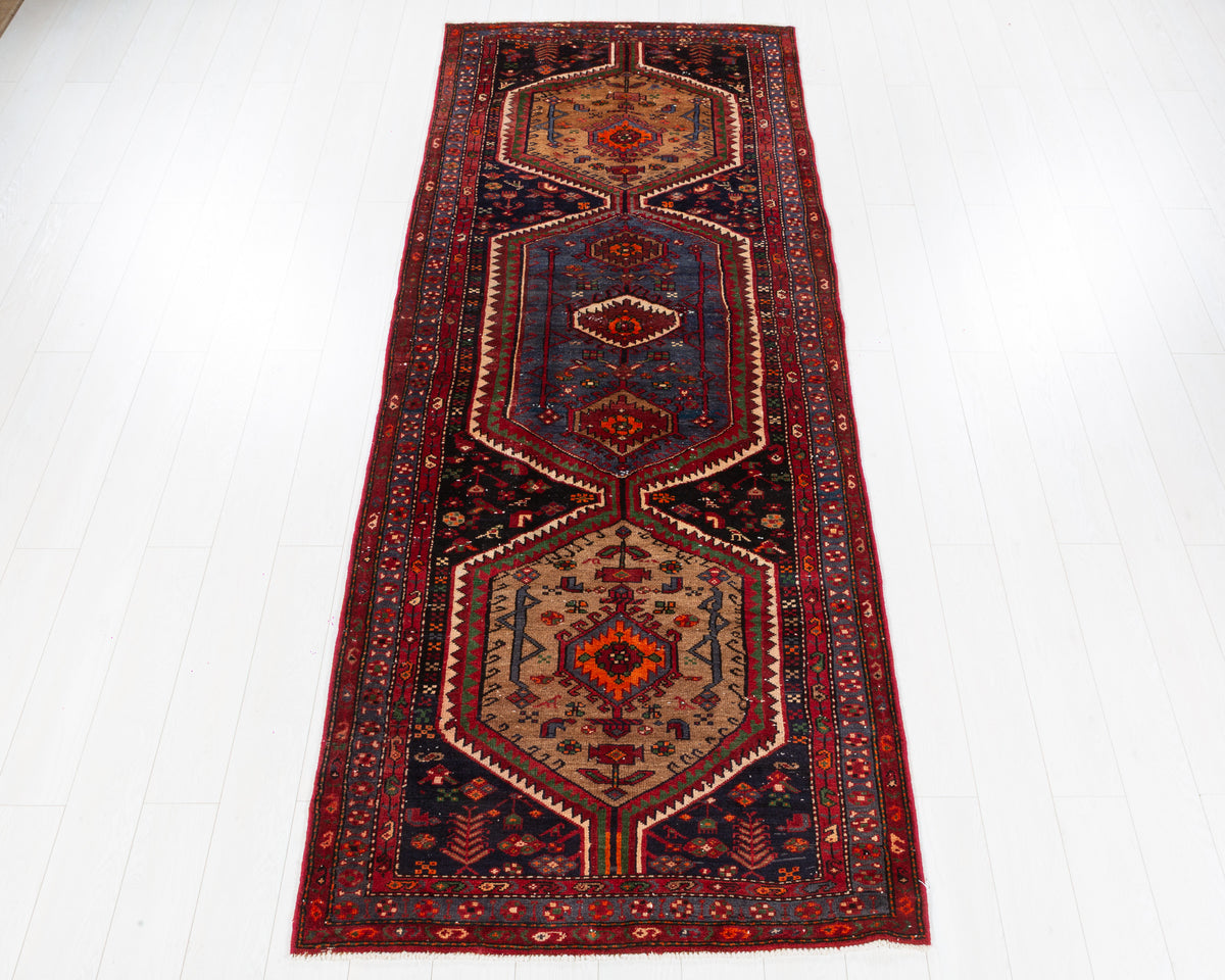 Vintage Zanjan geometric medallion wool runner rug in deep navy blue, red and brown, SKU 5250