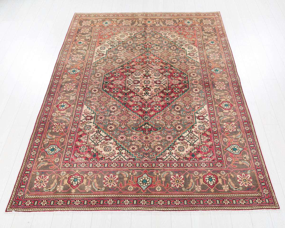 Vintage Ardabil Charcoal and magenta Geometric Rug, 7x9 – 9' 2" x 6' 7" (279 x 201 cm) – main view