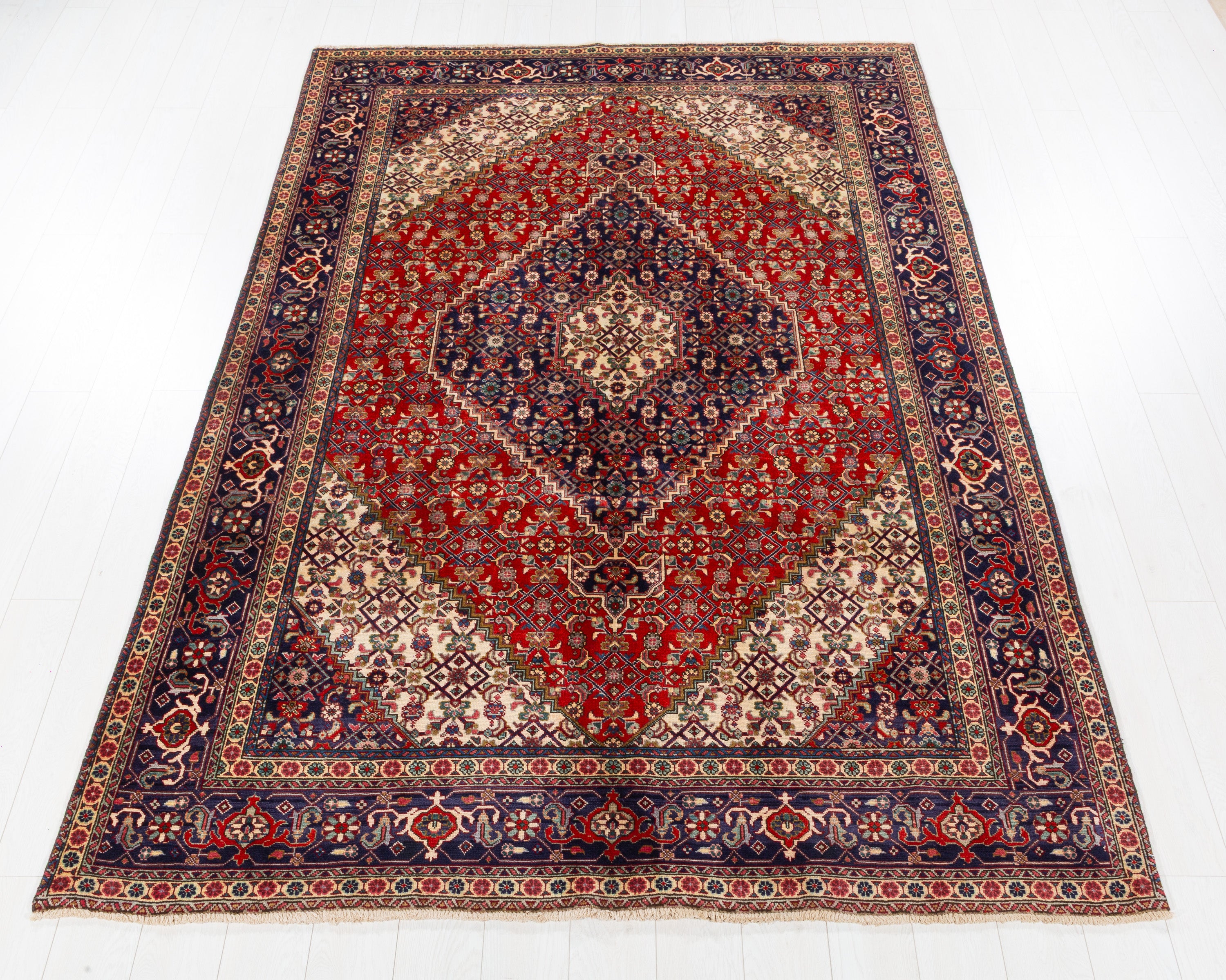 Vintage Ardabil Brick red and navy blue Geometric Rug, 6x9 – 9' 4" x 6' 3" (284 x 190 cm) – main view