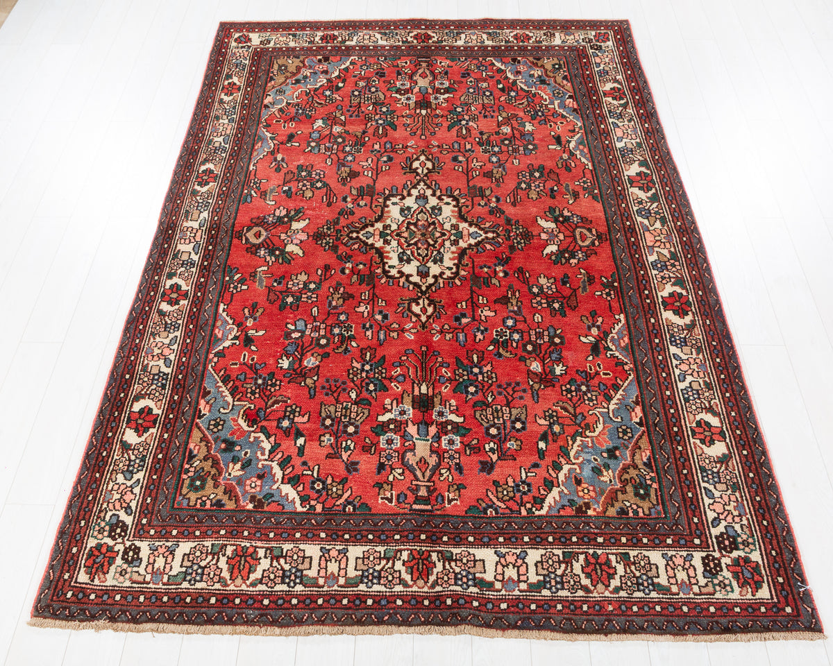 Vintage Hamadan Red and beige Floral Rug, 6x10 – 9' 7" x 6' 5" (292 x 196 cm) – main view