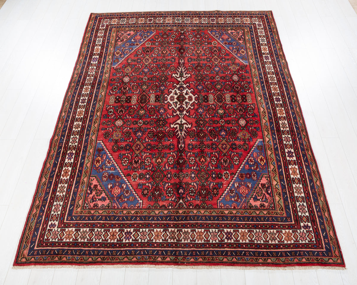 Vintage Hamadan Red and navy Geometric Rug, 7x10 – 9' 9" x 6' 10" (297 x 209 cm) – main view