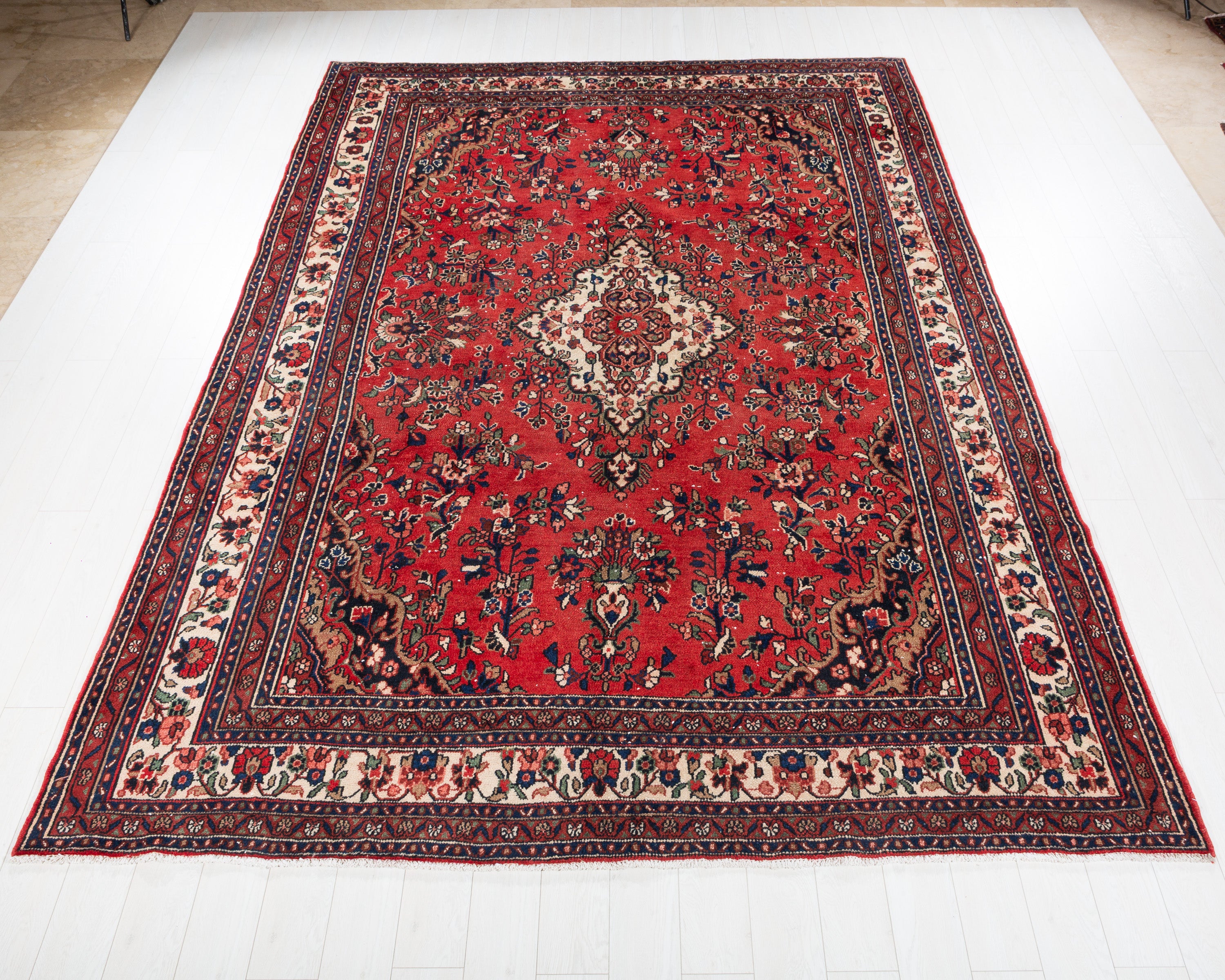 Vintage Hamadan Red and Beige Floral Rug, 8x11 – 11' 5" x 8' 4" (348 x 254 cm) – main view