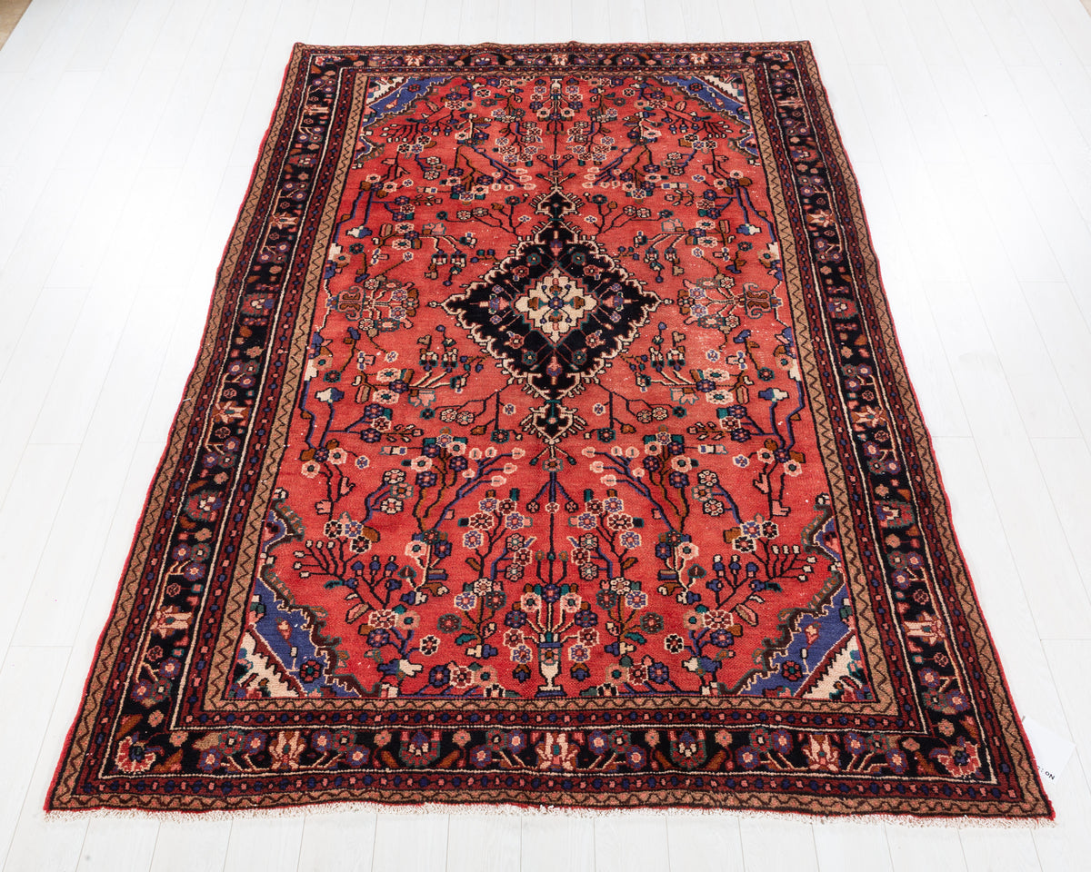 Vintage Hamadan Coral Red Floral Rug, 6x10 – 9' 8" x 6' 6" (295 x 198 cm) – main view