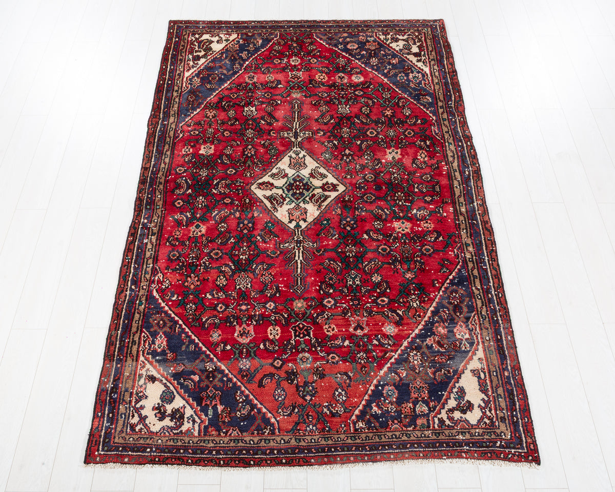 Vintage Hamadan Red Geometric Rug, 5x8 – 8' 2" x 5' 3" (250 x 159 cm) – main view