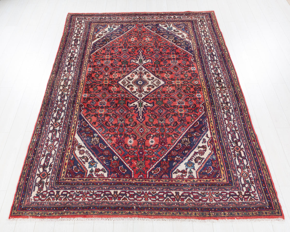 Vintage Hamadan Red and Beige Geometric Rug, 7x10 – 9' 8" x 6' 8" (294 x 204 cm) – main view