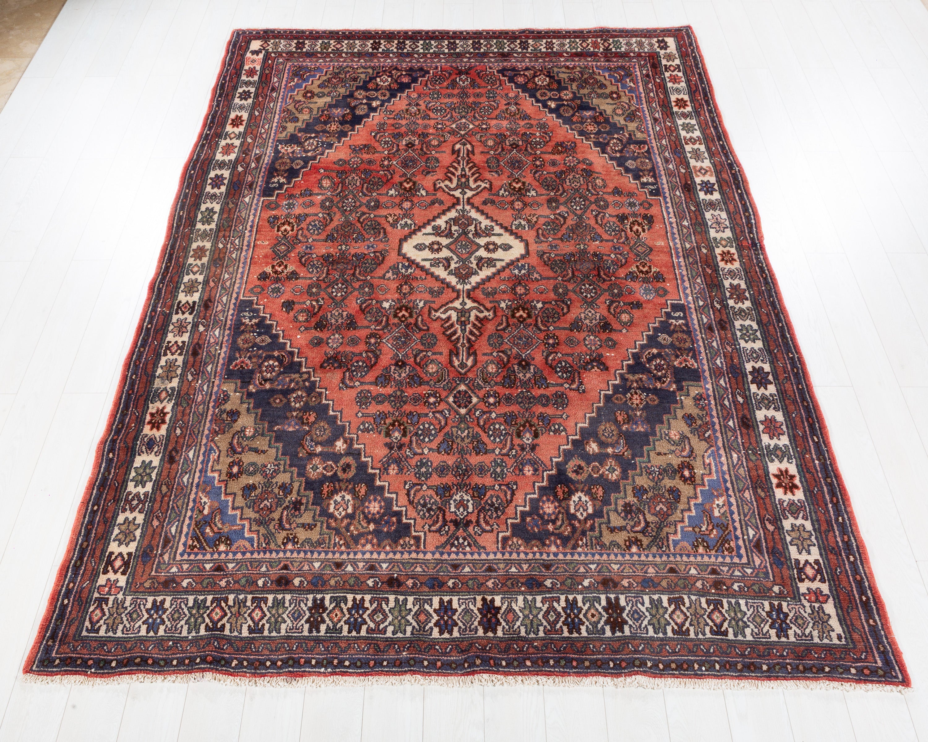 Vintage Hamadan Rust Red Geometric Rug, 7x10 – 10' 1" x 7' 1" (308 x 217 cm) – main view