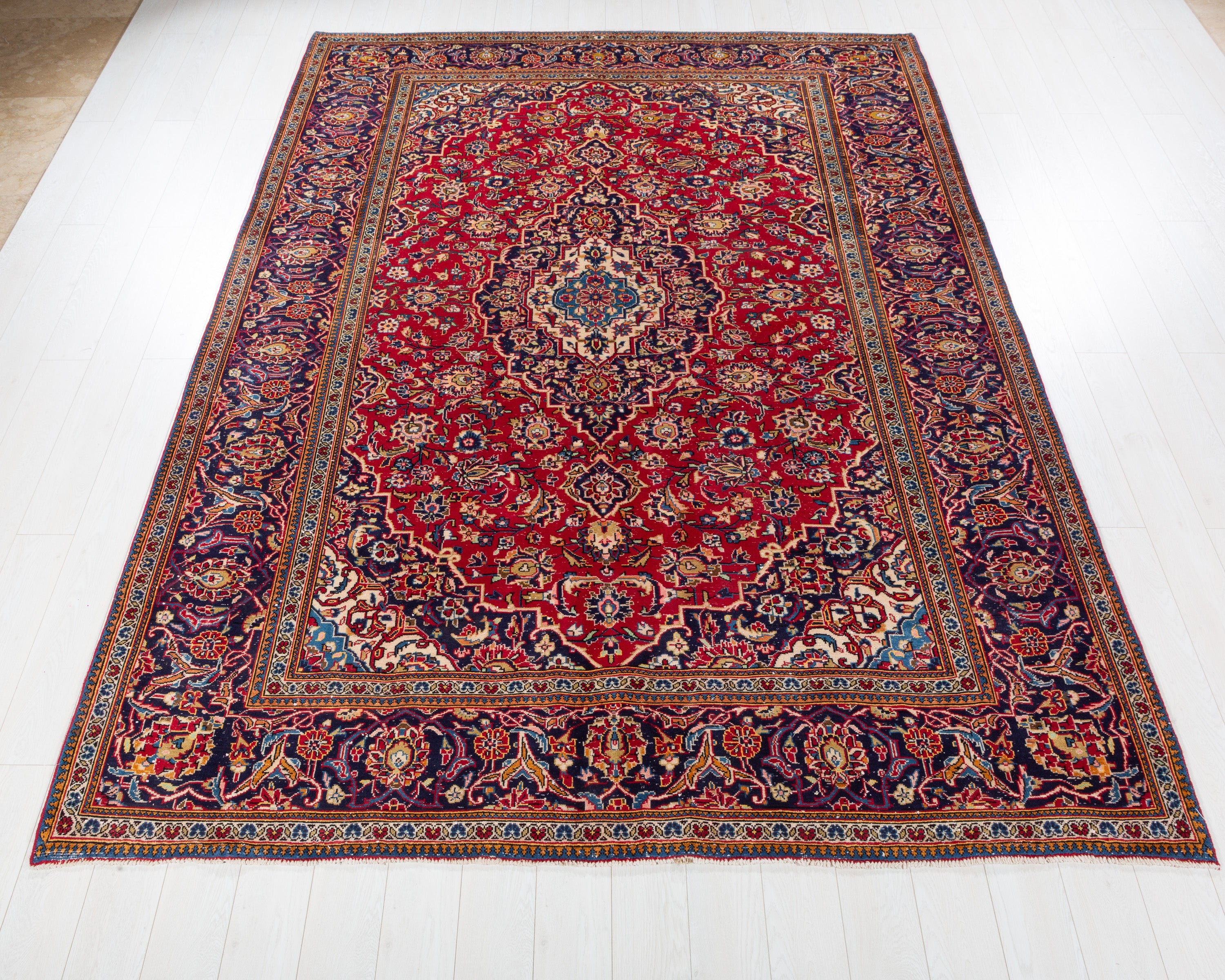 Vintage Kashan Red and navy Traditional Rug, 8x11 – 10' 6" x 7' 7" (321 x 232 cm) – main view