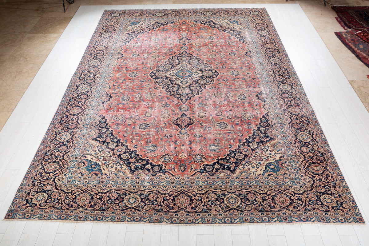 Vintage Kashan Faded red and beige Traditional Rug, 10x13 – 13' 0" x 10' 0" (395 x 304 cm) – main view